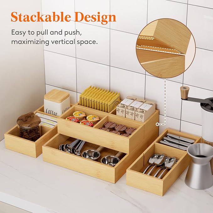 Lifewit Drawer Organizers 10 Pack(22 Grid) with 12 Inserts, Adjustable Bamboo Wooden Drawer Dividers, Stackable Storage Box for Utensils, Silverware, Makeup, Junk in Kitchen/Bathroom/Office/Vanity