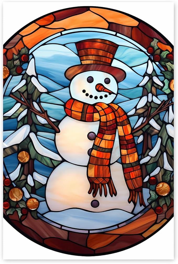 GUAIEUW Winter Stained Glass Snowman Diamond Painting Kits 5D Full Round Diamond Painting Art, Season Theme Canvas HD Picture DIY Diamond Dot Painting, Home Wall Decor Gift 18x24 Inch