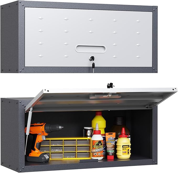 Garage Storage Cabinets Wall Mount, Metal Lockable Storage Cabinet with Flip-Up Door, Spacing Saving Wall Mount Cabinet Storage, Hanging Floating for Garage, Basement,Warehouse