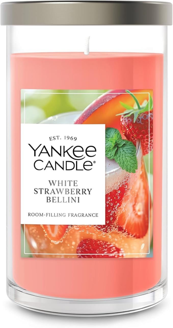 Yankee Candle Medium Pillar Scented Candle with up to 115 Hour Burn Time, Premium Plant Wax Blend for Consistent Burn, 14.25 oz Pillar Candle with Room Filling Fragrance, White Strawberry Bellini