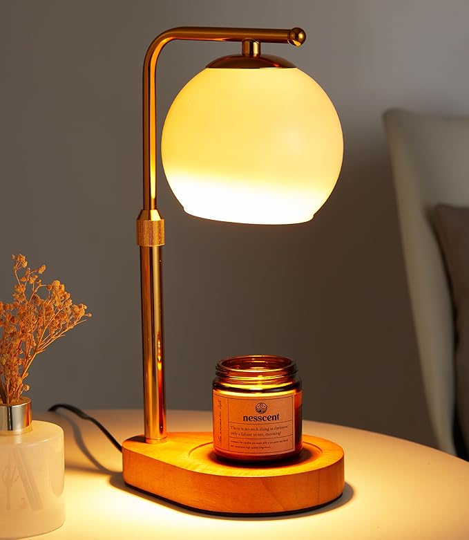 Ivory Glass Candle Warmer Lamp Adjustable Height Dimmer 2 4 8 Hour Timer Dark Wood Base Wax Melter Includes Scented Candle and 2 Bulbs for Cozy Bedroom Living Room Home Decor