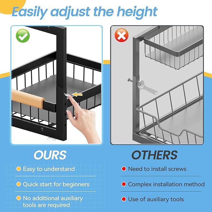 ADBIU Under Sink Organizer XL Size, 2 Packs 2 Tier Expandable Height (13.5" - 17.5") Under-Sink Organizers Slide Out Pull Out Bathroom Kitchen Organizers and Storage
