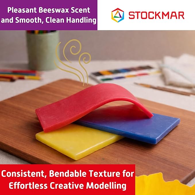 Stockmar Modelling Beeswax Sheets – 3 Assorted Colors of Natural Beeswax for Creative Sculpting, Handwork, and Artistic Projects – Ideal Arts and Crafts Supplies for Artists – Red, Blue, Yellow