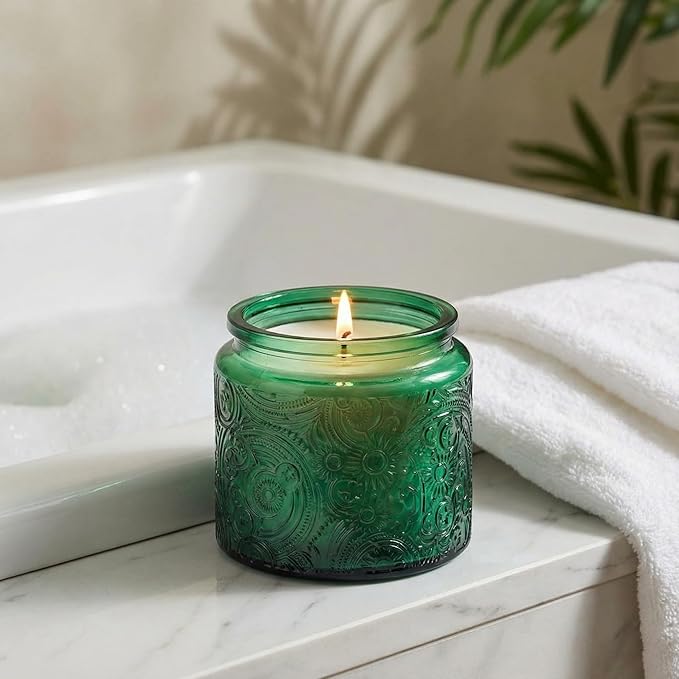 9-Pack 10 oz Sun Moon Star Embossed Glass Candle Jars with Mirror Lids and Labels - Unique Green Candle Containers with Lids for Candle Making
