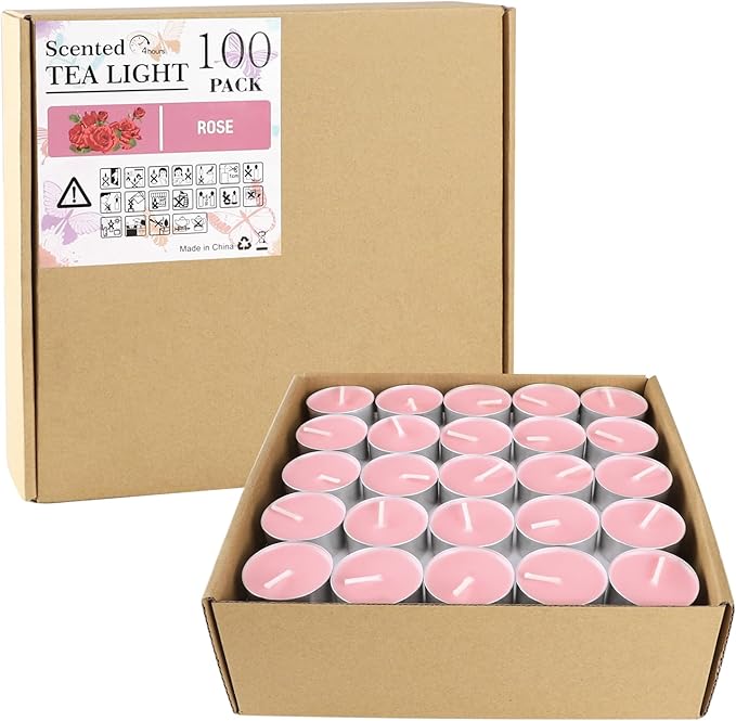 Pink Rose Scented Tealight Candles -Giant 100 Pack Votive Candles Bulk - Smokeless Tea Light Candle Gift Set for Valentine's Day,Holiday, Wedding and Home - 4 Hour