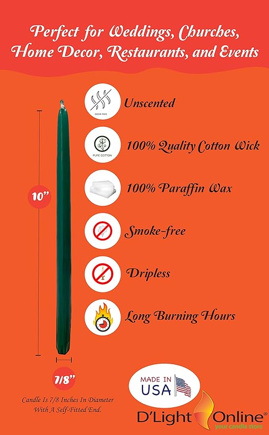 D'light Online Elegant 10" Unscented Dark Green Taper Candles, Premium Quality Hand-Dipped Tapered Candles, Dripless and Smokeless - Set of 12 Individually Wrapped (10 Inch, Dark Green)