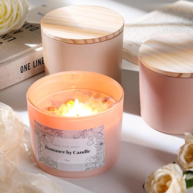 6Pcs Assorted Camel Candle Jars for Making Candles, 12oz Empty Candle Jars with Bamboo Lids,Labels and 100g Crystal Rocks, Glass Jars for Candle Making Supplies, Candle Containers for DIY Gifts
