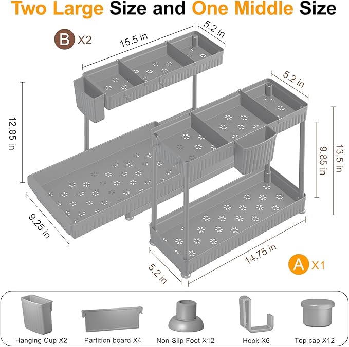 3 Pack Multi-Purpose Under Sink Organizers and Storage, 2026 L-Shaped Pull Out Cabinet Organizer for Bathroom & Kitchen, Under Cabinet Organizer with Hooks Hanging Cup (Grey, 12.85 inch)