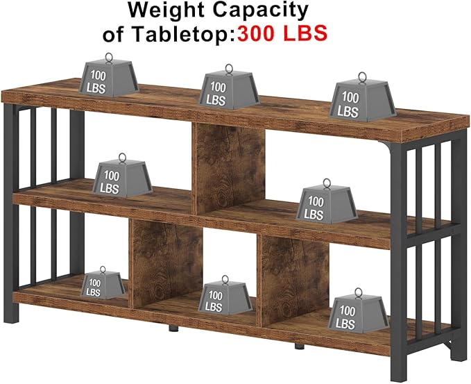 IBF 55” Bookshelf, 3 Tier Open Book Shelf, Wood Metal 5 Cube Storage Organizer, Modern Low Horizontal Bookshelf for Bedroom Living, Long Wide Office Cubby Bookcase with Storage, Rustic Brown, 55 in