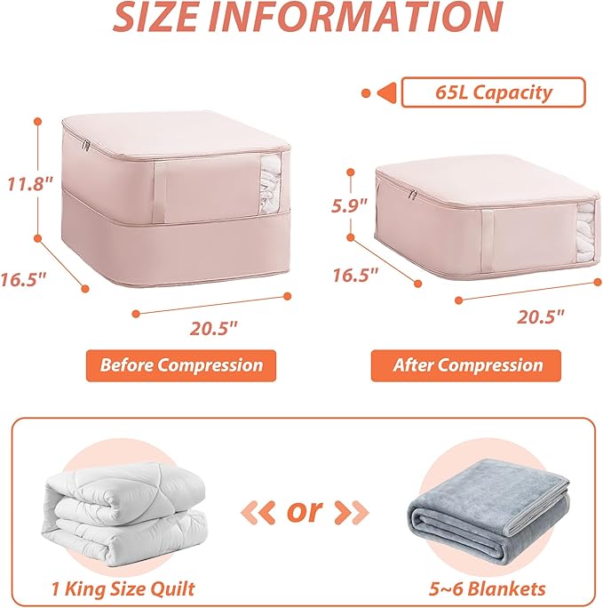 Veki Comforter Storage Bag, Space Saving Self Compression Foldable Blanket Storage Bags, Closet Organizer With Handle and VisualiZation Window, Large Capacity 130L for Bedding, Clothes (Pink, L)