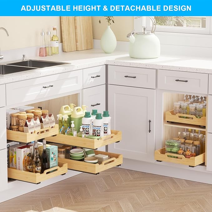 Golener Pull Out Cabinet Organizer - 2-Tier Slide Out Bamboo Drawers for Kitchen Cabinets, Bathroom Organizers and Storage, Under Sink Organizer for Kitchen Storage Organization with Coated Iron Frame