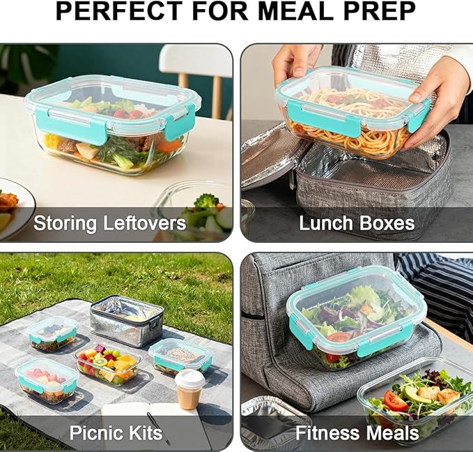 KAMOTA Glass Food Storage Containers, 10 Pack Glass Meal Prep Containers, Airtight Containers with Snap-Lock Lids, 22 oz Green Container Set with Lids, for Microwave/Oven/Freezer/Dishwasher
