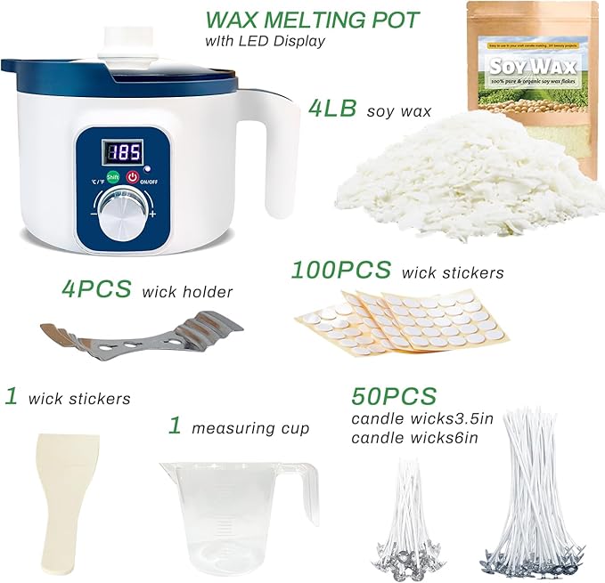 Handnatur Pro Soy Wax Melt Kit with Digital Wax Melting Pot, 4lb SOYA Wax Melter, Soy Candle Maker Set with Candle Heater, Wicks, Wick Holders, Wick Stickers