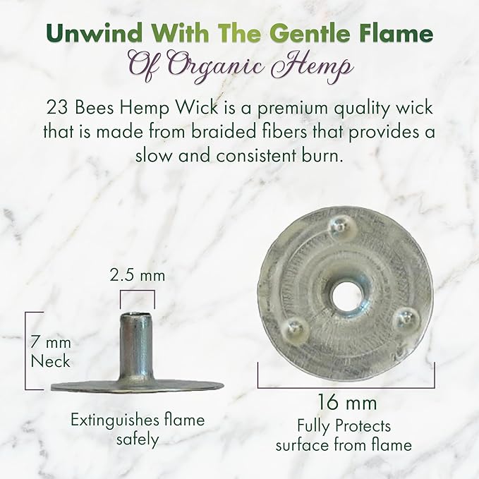 100% Organic Hemp Candle Wick 2.0mm Thick + Wick Sustainer Tabs 200pcs for Candle Making, 23 Bees, European Imported Hemp Spool 200ft with Natural Beeswax Coating