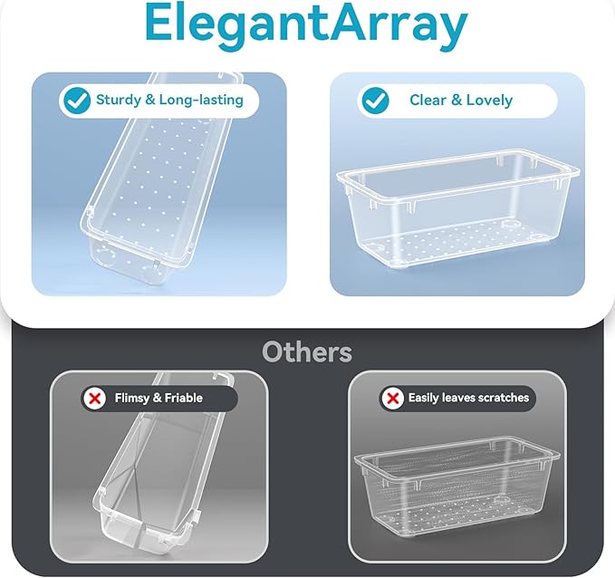 ElegantArray 48 PCS Drawer Organizer Set, 4 Sizes Tool Storage Trays, Clear Plastic Makeup Vanity Organizer and Storage Bins for Makeup, Stationeries, Multiple Gadgets for Bathroom, Office, Bedroom