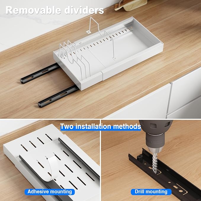 MUSTORN 2 Pack Pull Out Cabinet Organizer with 8 Dividers, 21.8" Deep Slide Out Drawer for Cabinets Adhesive Pull Out Drawers Heavy Duty Pull Out Shelf for Kitchen, Cupboard, Pantry, Bathroom(White)