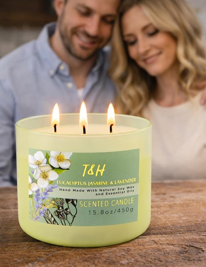 Eucalyptus Jasmine Lavender Scented Candle | 3 Wick Large Soy Candle for Home 15.8oz | Calming Aromatherapy Spa Candle | Strong Scent, Long Lasting, Clean Burn | Stress Relief Gift for Women & Men