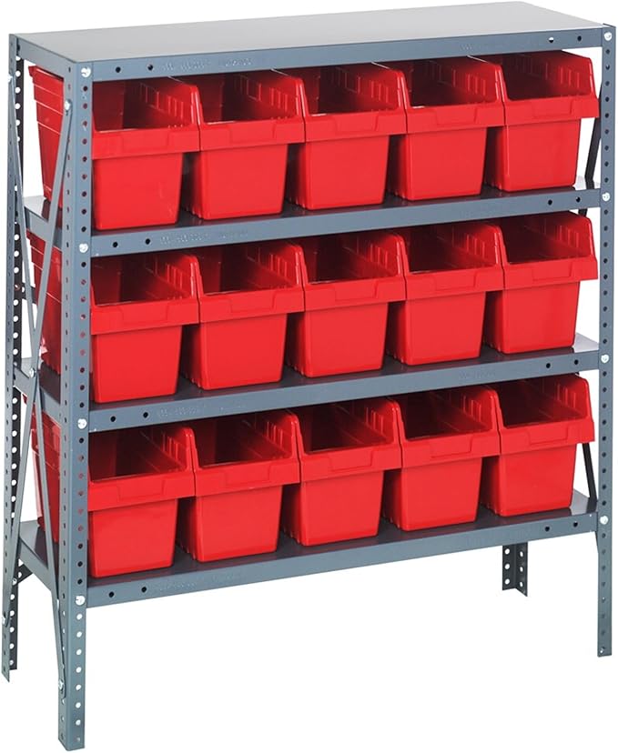 Quantum Storage Systems 1839-SB804RD Solid Heavy Duty 4 Shelves 15 Store-MAX Red Bins 39" H x 36" W x 18" D