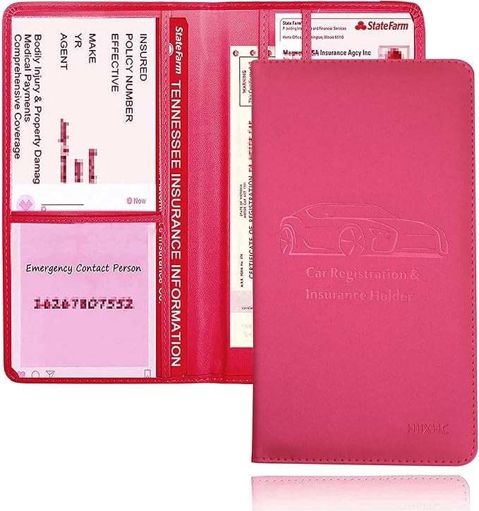 Car Registration and Insurance Card Holder - Leather Vehicle Glove Box Automobile Documents Paperwork Wallet Case Organizer for ID, Driver's License, Key Contact Information Cards - Men&Women