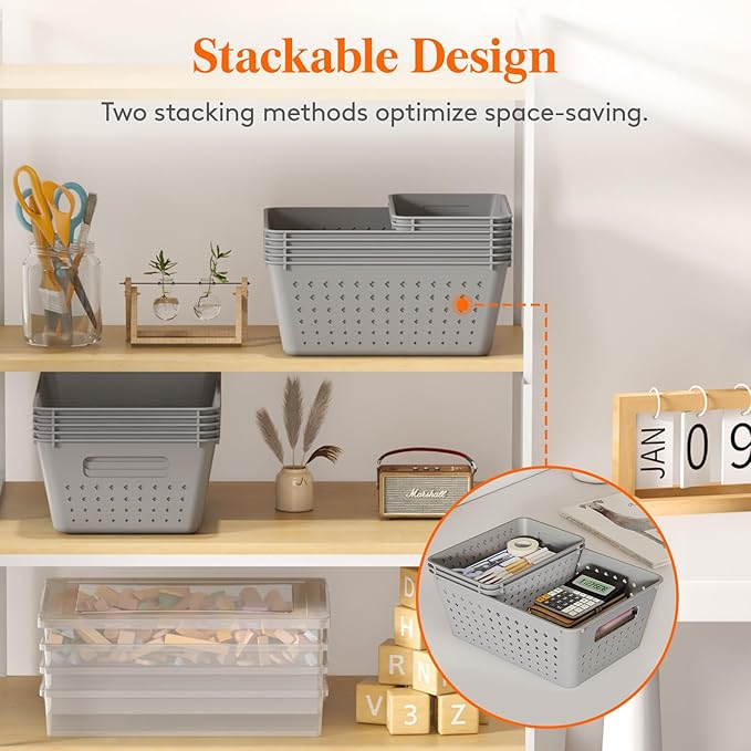 Lifewit Plastic Storage Basket for Organizing, 10 Pack Stackable Open Containers, Multi Size Storage Bins for Shelving, Pantry, Office and Cabinet, 6 Large and 4 Small Size, Gray