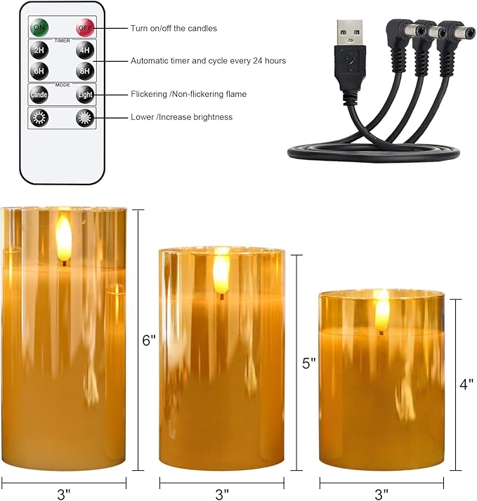 Rechargeable Candles with Remote, Rechargeable Flameless Candles with Timer, LED Battery Operated Candle with 3D Wick and Charging Cable for Halloween Christmas Decor(Gold)