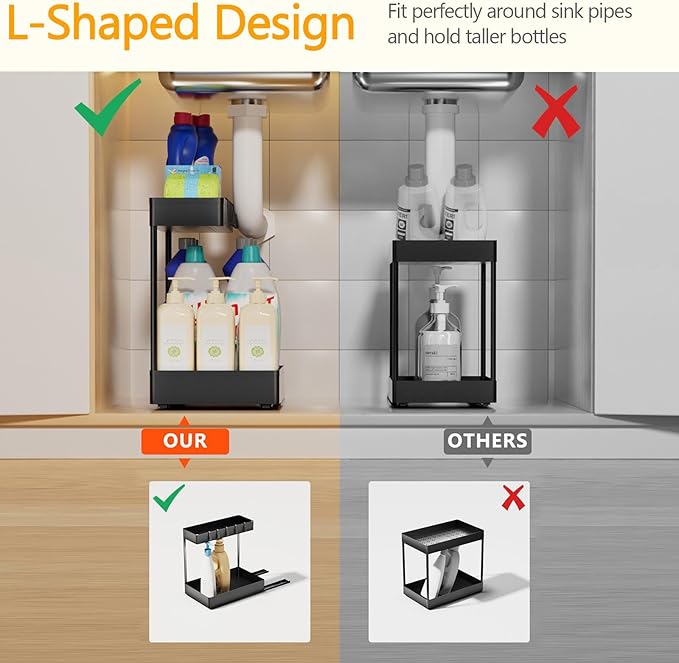 Creahaus 2 Pack Under Sink Organizer with Metal Slides, 2-Tier Kitchen Bathroom Organizers and Storage, Pull Out Cabinet Organizer for Bathroom Sink, Kitchen Sink Organizer
