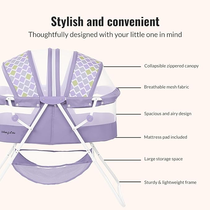 Dream On Me Karley Bassinet, Award Winner Lightweight Travel Baby Bassinet, Foldable Bedside Sleeper, Adjustable Double Canopy, Spacious Design, Soft Fabric, Storage Basket – Periwinkle