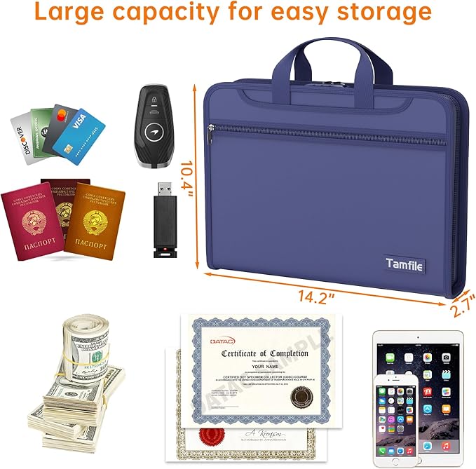 5200℉ Fireproof Accordion File Organizer with Lock, Thickened Document Organizer 13 Pocket with Zipper & Labels, Important Document Organizer, Expanding File Folder with Handle for Letter A4 (Blue)