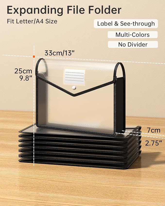 Plastic Expanding File Folder, Transparent envelopes with Snap Closure, No Dividers, Large Capacity, Black File Folder Organizer Holder, Bills&Taxes, Letter/A4 Size for School/Office/Home-7 Pack
