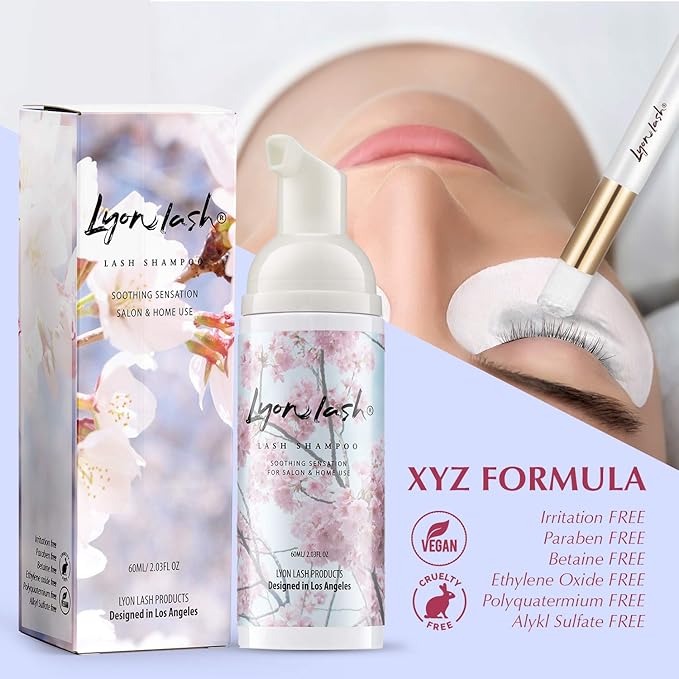 Eyelash Extension Shampoo - Lyon Lash Eyelid Foam Cleanser/Gentle Formula for Sensitive people/Paraben & Sulfate Free/Remove Eye Makeup & Oil & Dust/For Salon and Home Use (60ml without brushes)