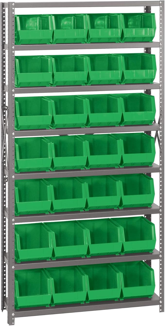 Quantum Storage Systems QSBU-239GN Giant Open Hopper Steel Shelving System, 12" D x 36" W x 75" H, with 8 Shelves and 28 QUS239 Bins, Green