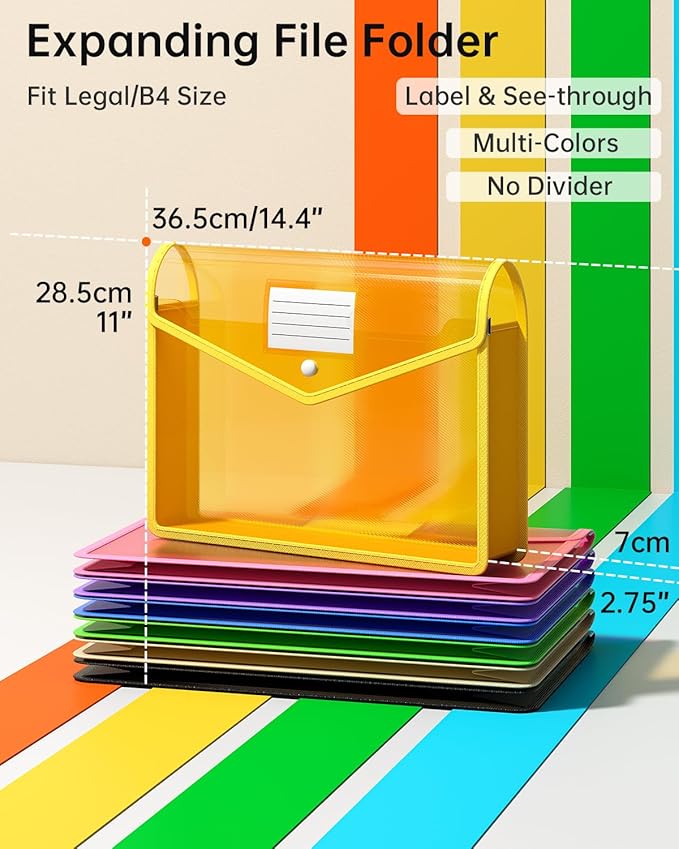 7 Pack Plastic Expanding File Folder, Transparent envelopes with Snap Closure, No Dividers, Large Capacity, Fit Legal/B4 Size for School, Office, Home, Hospital, 7 Colors