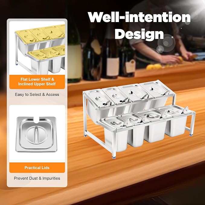 Condiment Container Dispenser with 8 Pans & Lids, Stainless Steel Countertop Spice Inclined Holder, Pizza Topping Station Organizer, Spice Rack Shelf for Kitchen Pantry Use