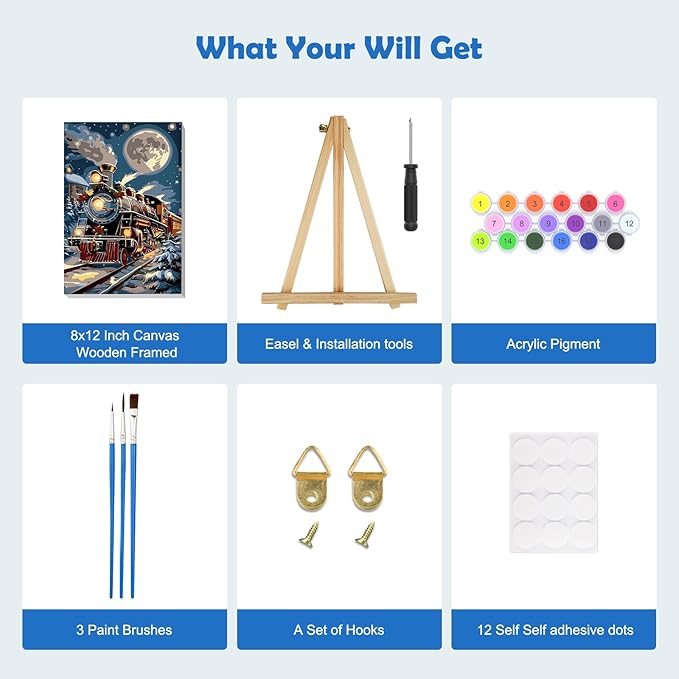 MOGTAA Christmas Paint by Numbers Kit for Adults Beginners with Frame, Christmas Train Adult Paint by Number Kits on Canvas with Easel, Easy DIY Winter Oil Painting Kits for Home Decor, 8x12in