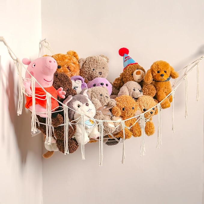 YKBU Stuffed Animals Hammock Corner Hanging Net Macrame Stuffed Animal Storage Plush Toy Holder Toy Organizer for Boho Nursery Playroom Bedroom Kids Room (cream, M)