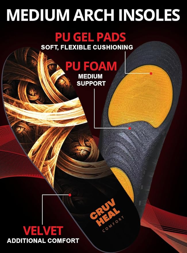CRUVHEAL Work Comfort Orthotic Insoles - Anti Fatigue Shoe Insert Men Women - Low Arch Support - Shock Absorption - Foot Pain Relief - Work Boot Insoles (S-M, Fire)