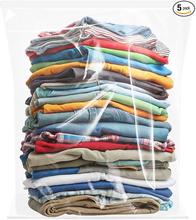 Extra Large Plastic Bags With Zipper Top, 24x32in,3-Mil Thick,5 Pack,Storage Bags for Clothes,Travel, Moving, Reusable,Heavy-Duty,BPA-Free, Clear Plastic