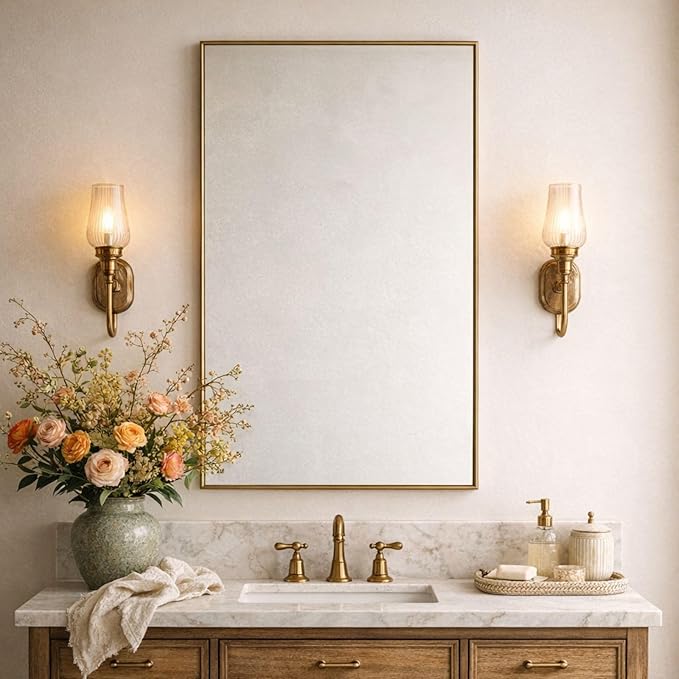 TEHOME Gold Bathroom Vanity Mirror with Squared Corners, 24x36'' Brushed Brass Rectangle Stainless Steel Metal Framed Mirror for Bathroom