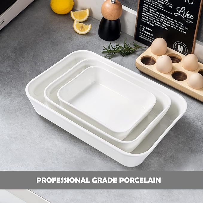 UNICASA Ceramic Oven Dishes, Set of 3 Lasagne Dishes 1000/2000/3500 ML, Rectangular Casserole Dishes, Non-Stick Reactive Glaze, White Casserole Oven