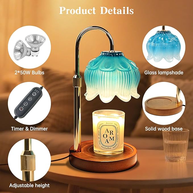 GEEZO Fragrance Candle Warmer Lamp，Electric Candle Warmer with Timer & Dimmer，Mom Christmas Birthday Gifts for Women, House Warming Gifts New Home Bedroom Decor，Blue