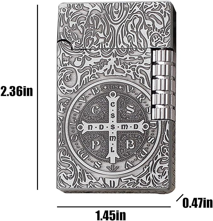 Vintage Butane Lighter, Amulet Saint Benedict Medal Motif, Refillable Lighter Soft Flame, Flip-Top Silver Side Wheel Frosted Pocket Lighter, Gifts for Men, Father, Husband (No Fuel)
