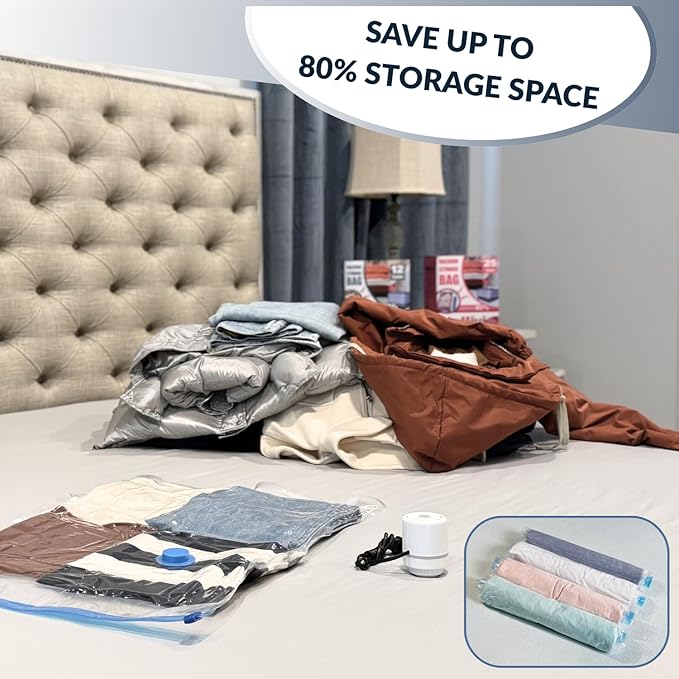 35 Pack Vacuum Storage Bags With Electric Pump, Compression Space Saver for Comforter, Bedding, Blanket Storage, Vacuum Seal Bags for Clothing, Luggage and Closet Organizer