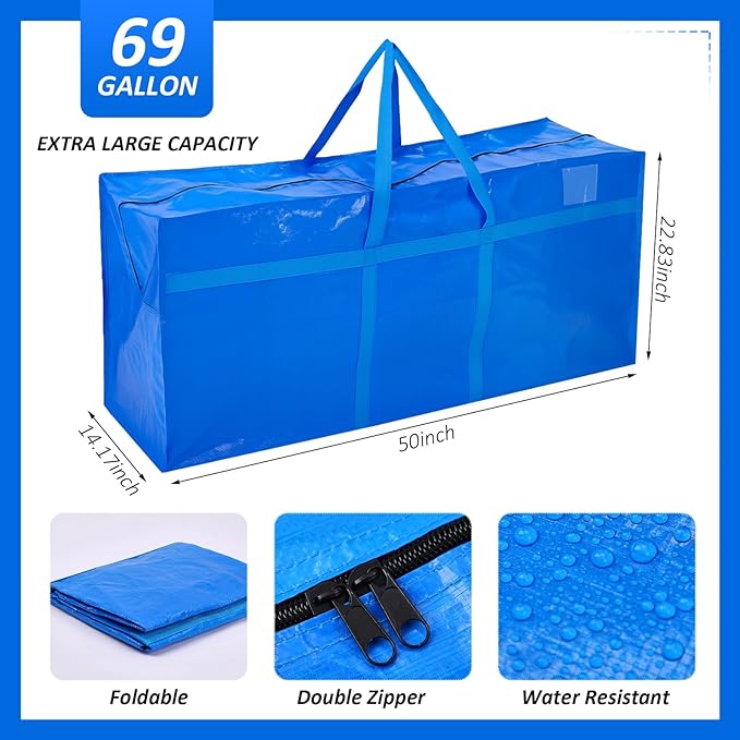 Windyun 6 Pack 69 Gallon Extra Large Moving Bags XXL Heavy Duty Storage Bag with Strong Zipper Handle Jumbo Big Tote Box Foldable for College Dorm Travel Clothes Duffle Blanket Pillow(Blue)
