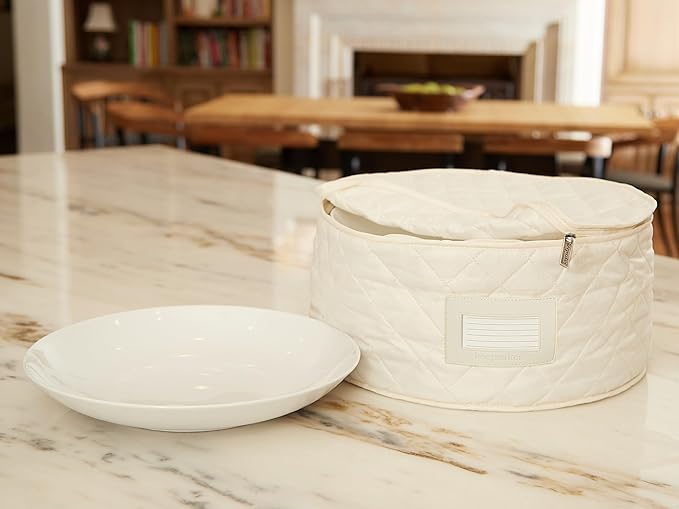 Covermates Keepsakes Dish Storage Case – Padded China & Dinnerware Organizer, Quilted Polyester Protection, ID Window, Zipper Closure, Machine Washable, Cream