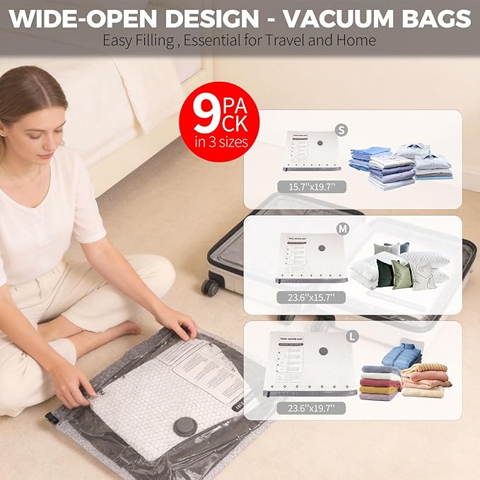 Vacuum Seal Bags for Clothing Travel with Electric Air Pump, FIRRAX 9 Combo Space Saver Vacuum Storage Bags (3 Large+3 Medium+3 Small), Travel Compression Packing for Clothes Luggage and Suitcase