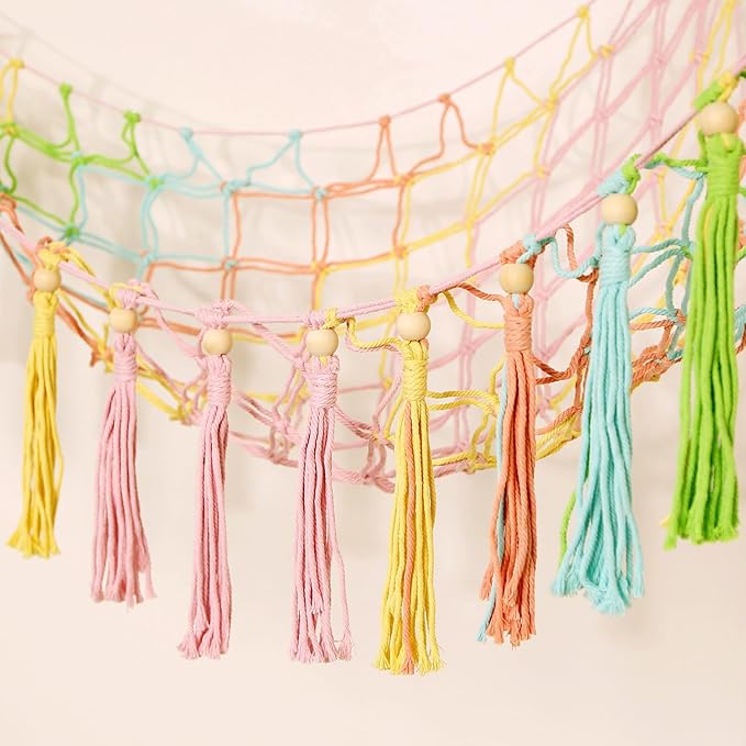 YKBU Stuffed Animals Hammock Corner Hanging Net with Wooden Beads Macrame Stuffed Animal Storage Ideas Plush Holder Toy Organizer for Boho Nursery Playroom Bedroom Kids Room Decor (Colorful, X-Large)