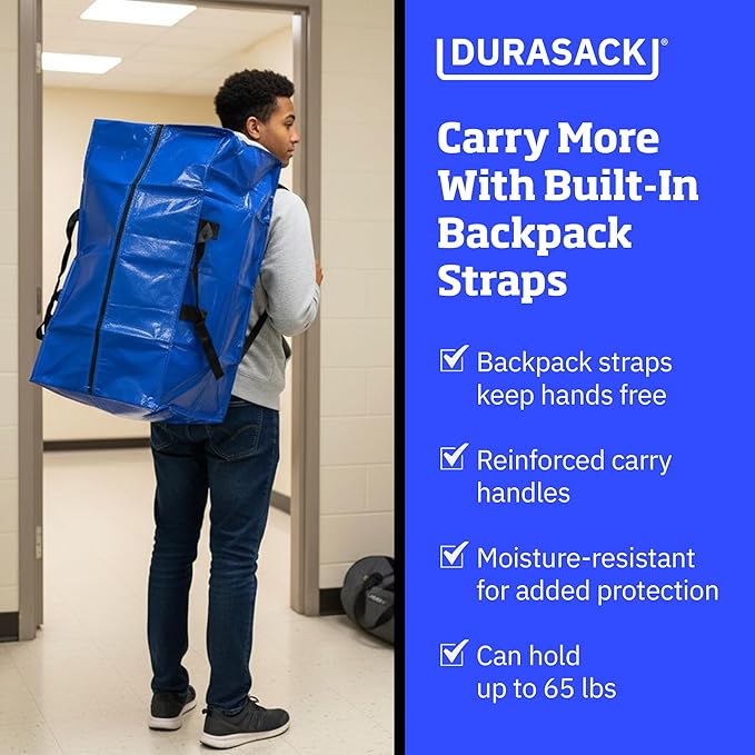 DURASACK Heavy Duty Moving Bag Storage Container Duffle Bag with Zipper, Reinforced Carry Straps and Backpack Straps, Made of Rugged Woven Polypropylene, Pack of 4, Blue