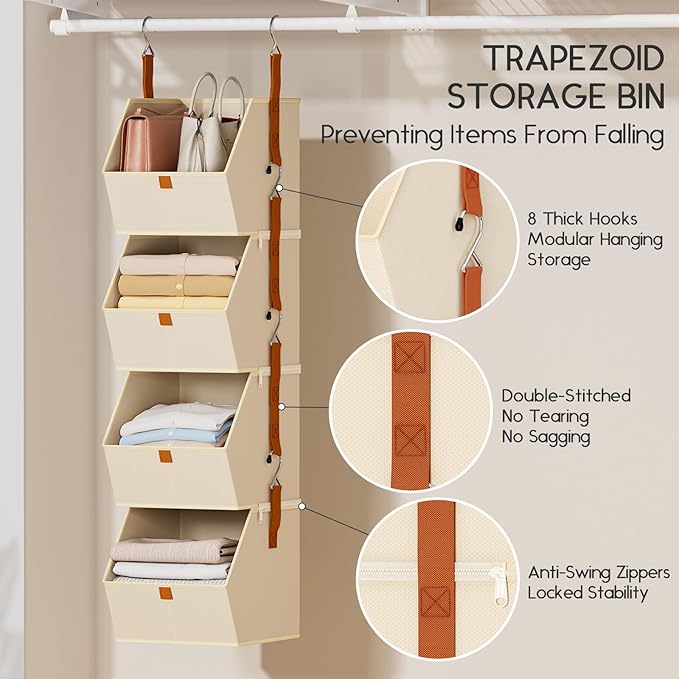 Hanging Closet Organizer 4 Tier - Clothes Hanging Shelves, Space-Saving Closet System, Fabric Storage Bins Bedroom Organization, Collapsible Baskets for Home, Dorm, Rv, Beige, 8 Pack