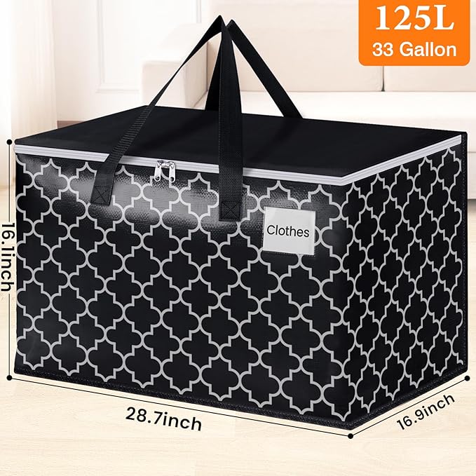 HomeHacks Heavy Duty Moving Bags with Tag Pockets, Collapsible Storage Totes for Moving, Camping & Travel -Foldable Packing Boxes, Zipper Handles, Black（6 Packs, 125L）