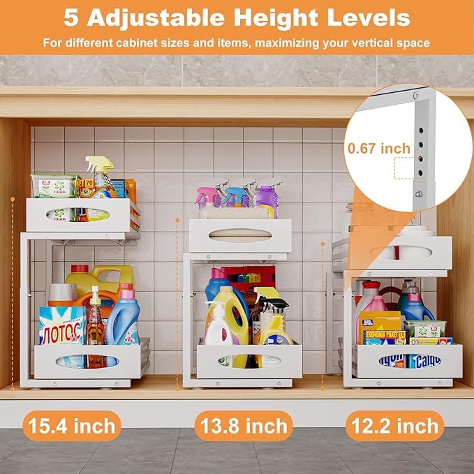 Under Sink Organizer, 2 Tier Under Sink Organizers and Storage, Adjustable Height, Slide out Metal Cabinet Organizers, Pull out Cabinet Storage Drawer Shelf for Kitchen Bathroom (White, 2 Pack)